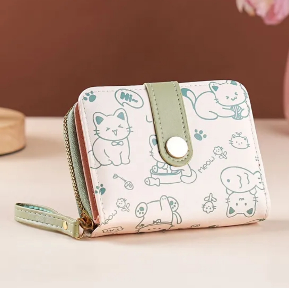 Whimsical Cat Print Mini Wallet Green & White PU Leather • Wristlet Card Hol